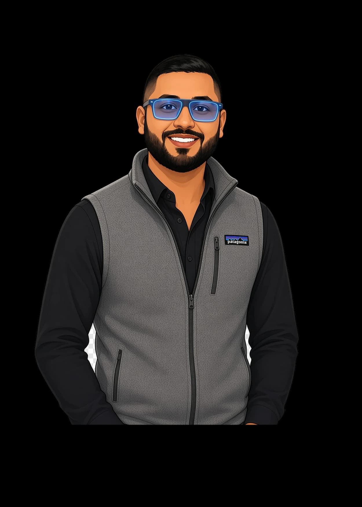 Illustration of Ricky Zaman in a vest and glasses