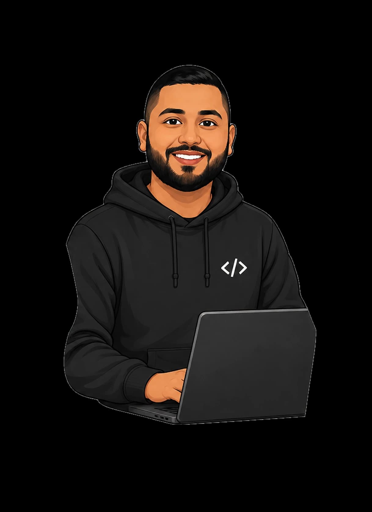 Illustration of Ricky Zaman in a hoodie working on a laptop