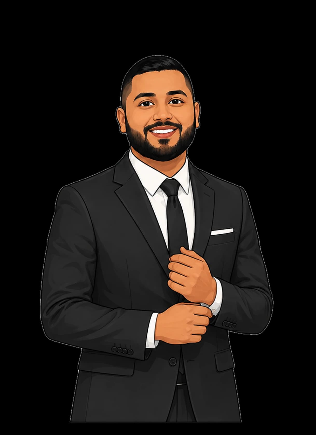 Illustration of Ricky Zaman in a suit and tie