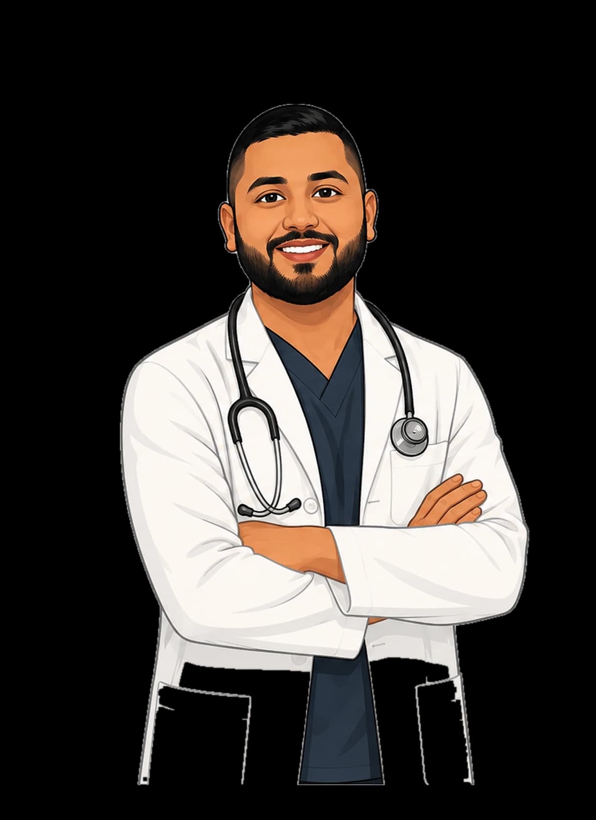 Illustration of Ricky Zaman in a lab coat with a stethoscope