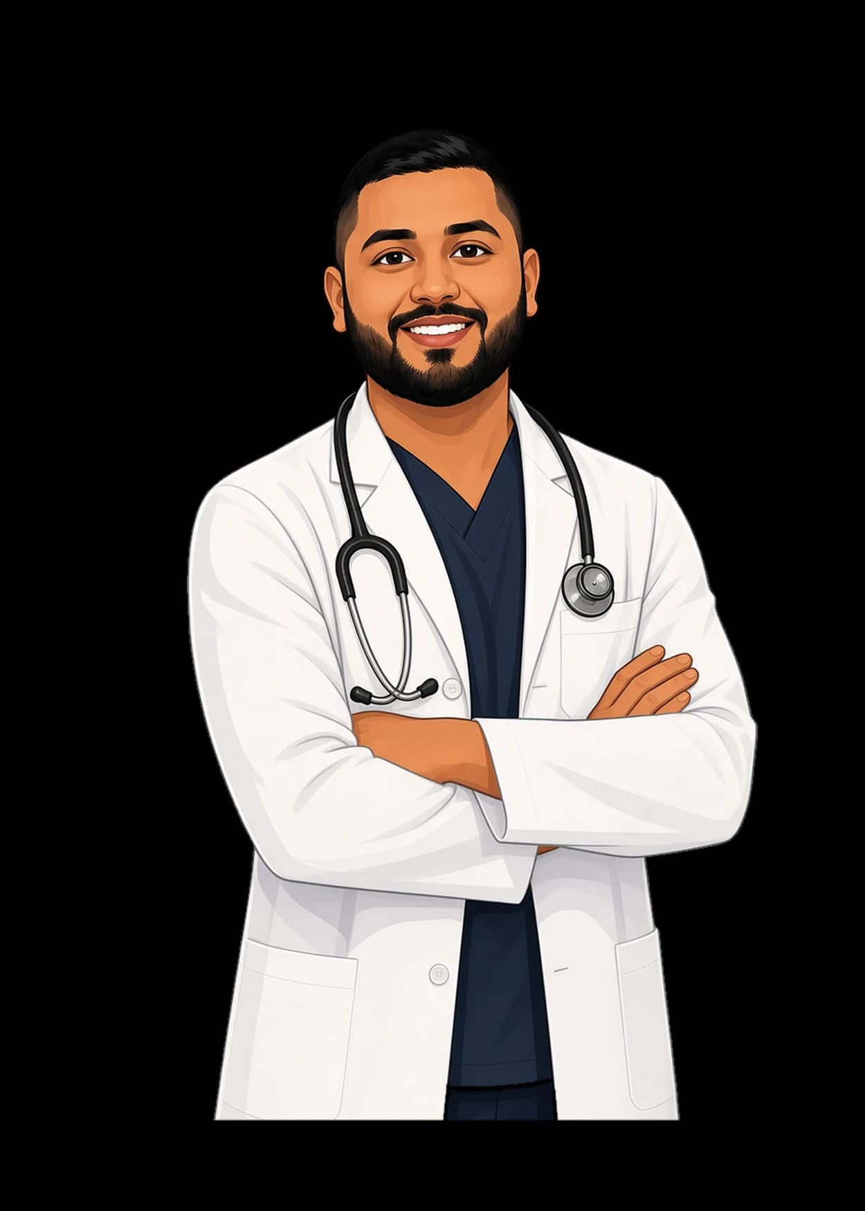 Illustration of Ricky Zaman in a lab coat with a stethoscope
